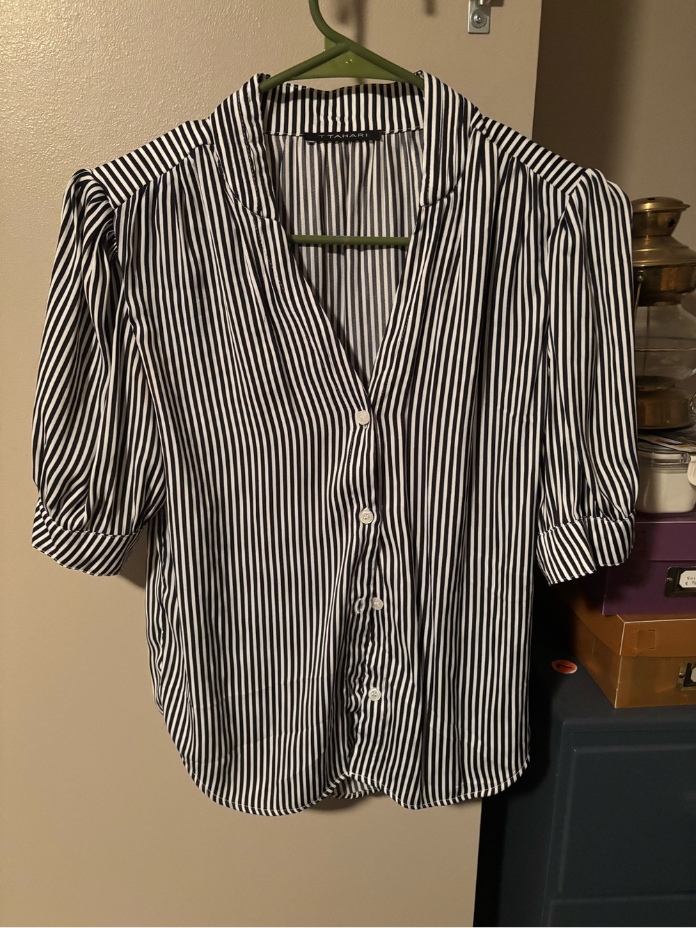 T Tahari Black & White Vertical Stripe Button-Down Blouse